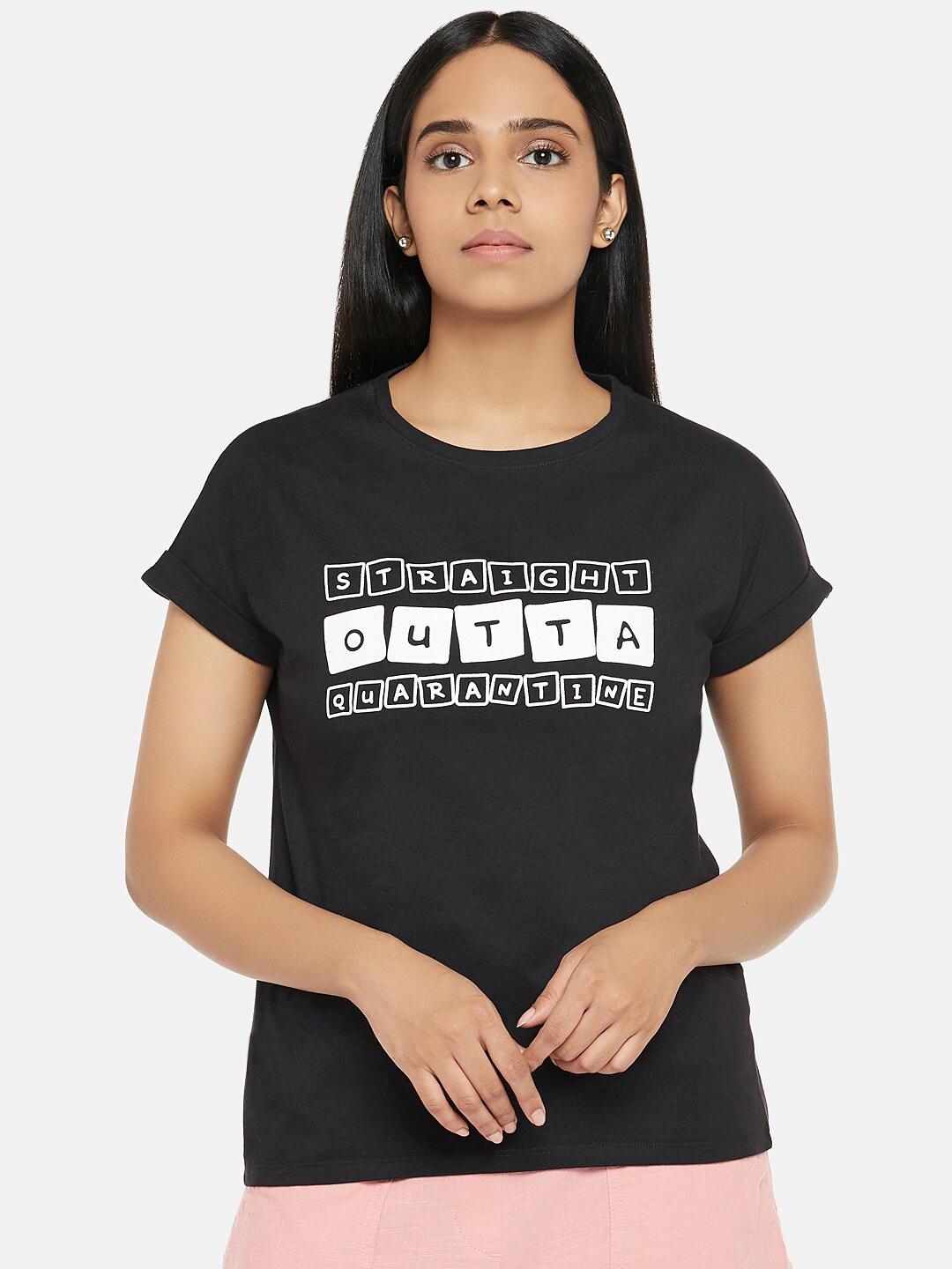 people women black typography printed t-shirt