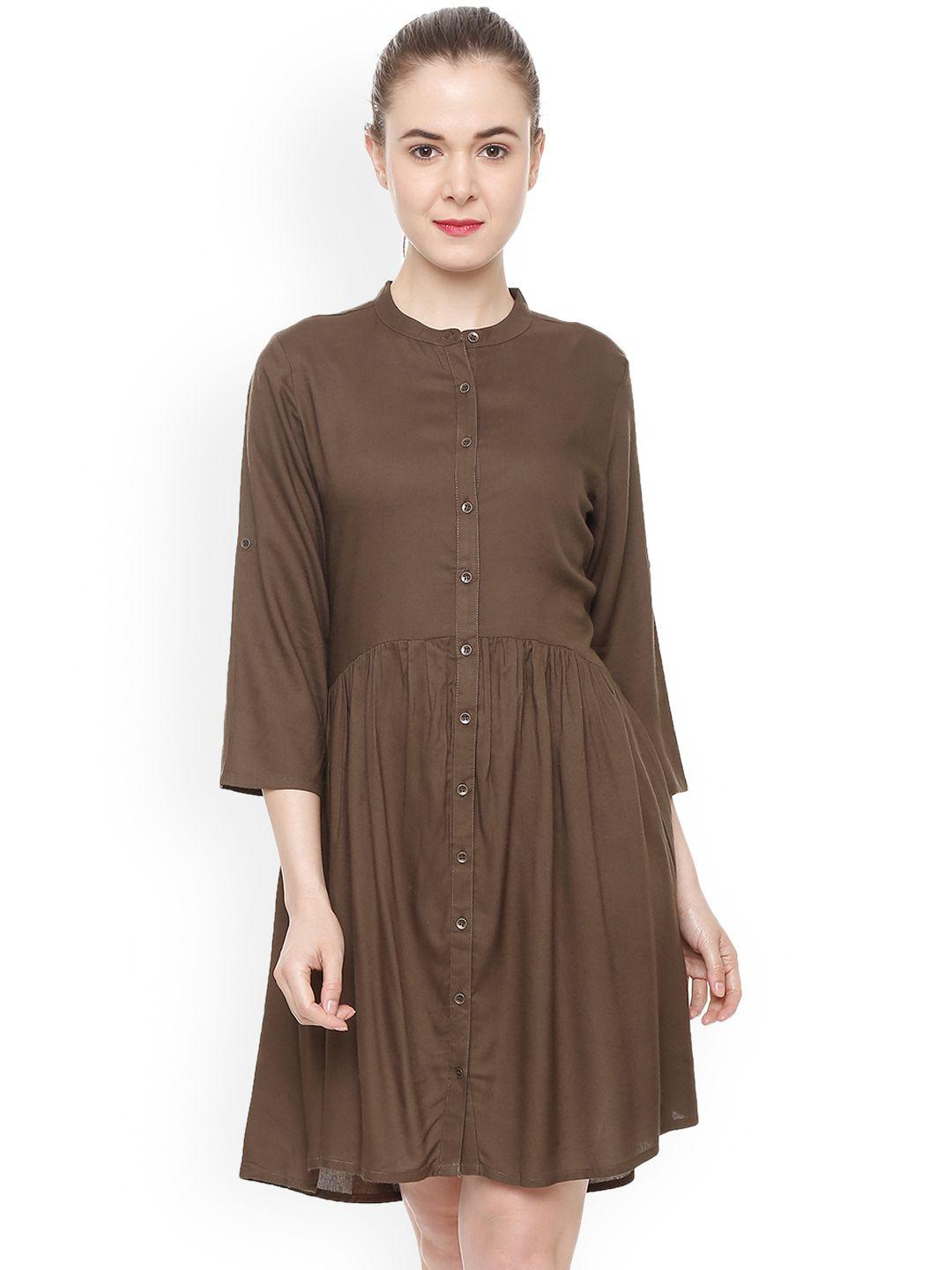 people women brown solid fit and flare dress