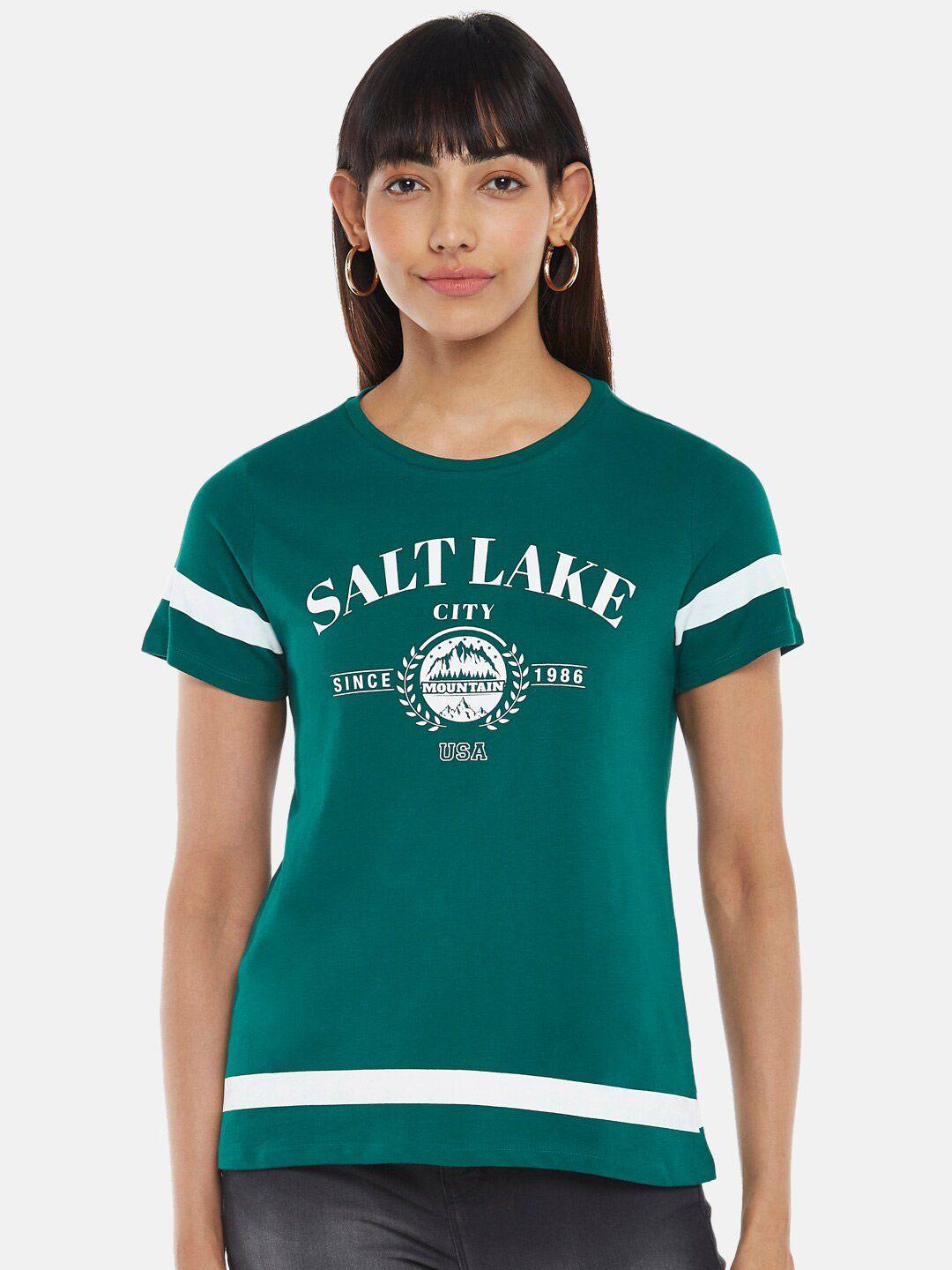 people women green typography colourblocked  t-shirt