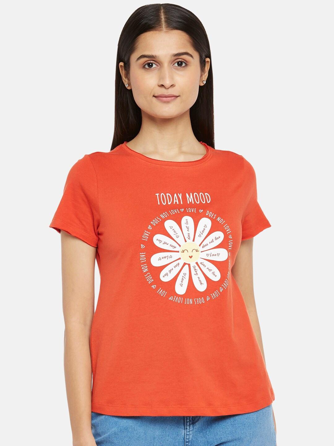 people women orange & white floral printed organic cotton t-shirt