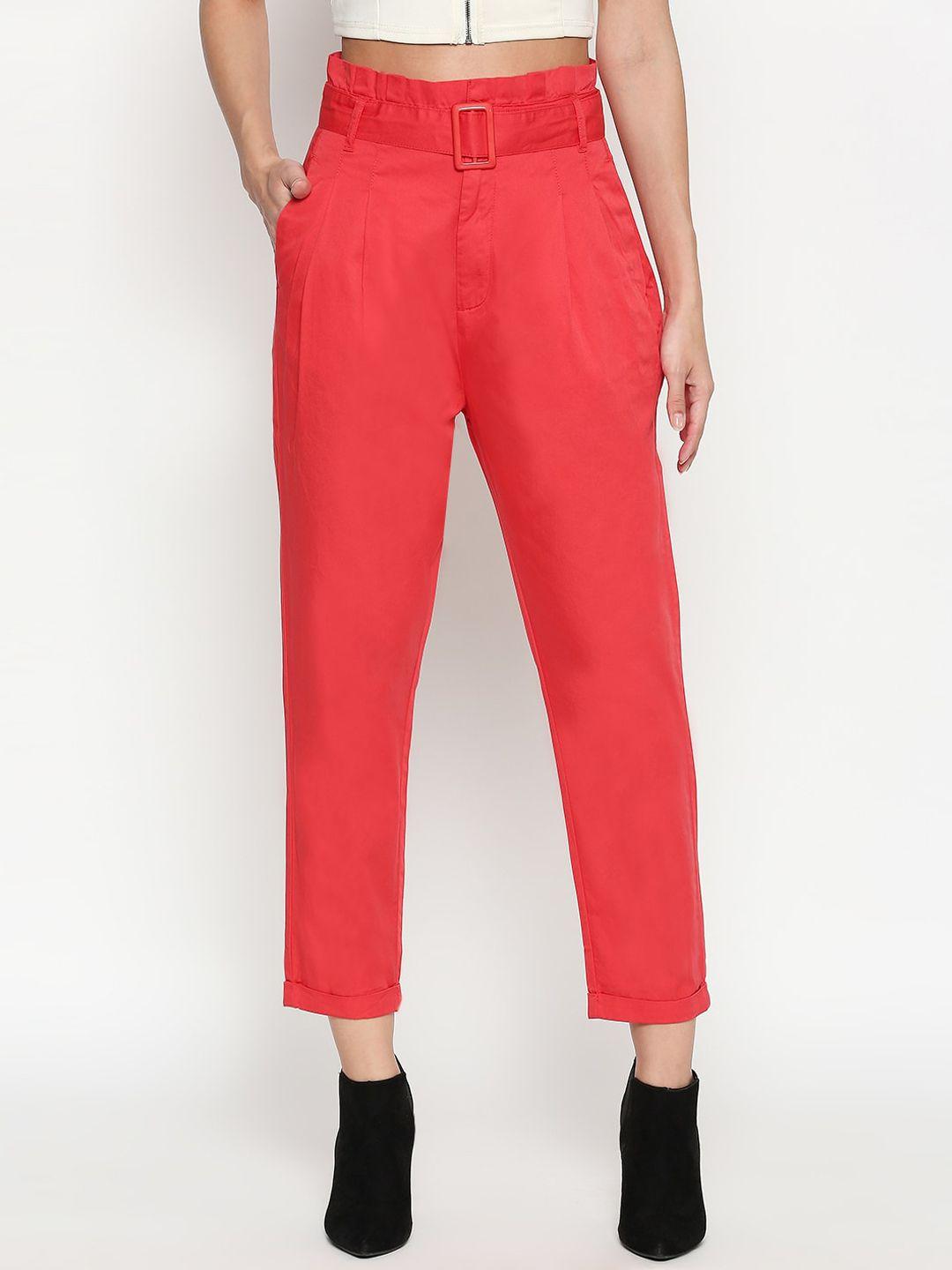 people women red regular fit solid pure cotton regular trousers