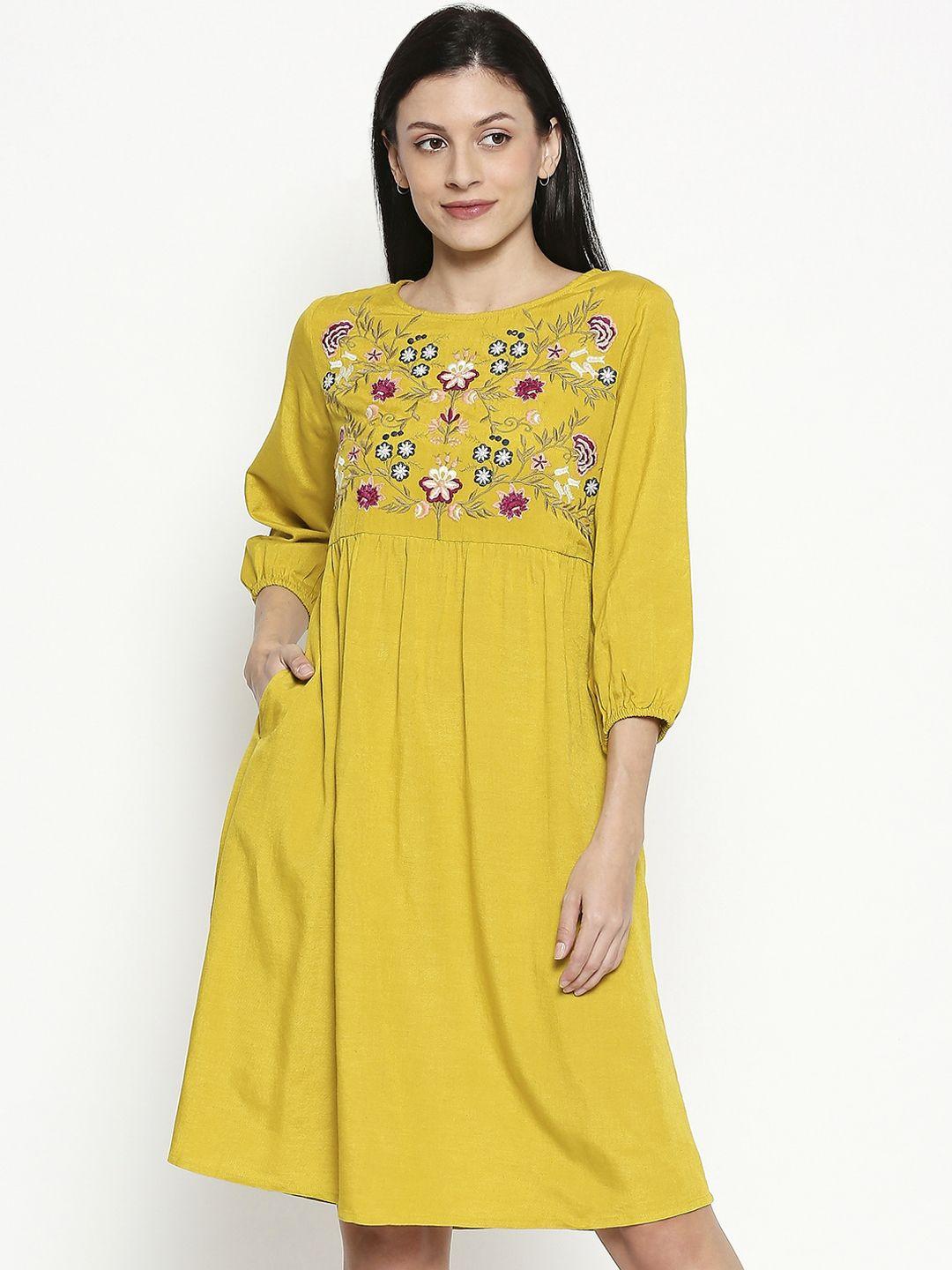 people women yellow embroidered a-line dress