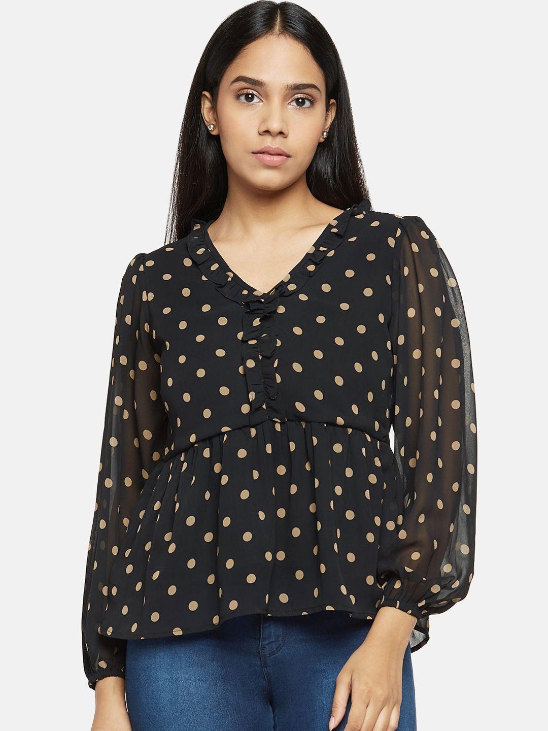 people black & beige polka dot printed puff sleeves pure silk georgette peplum top