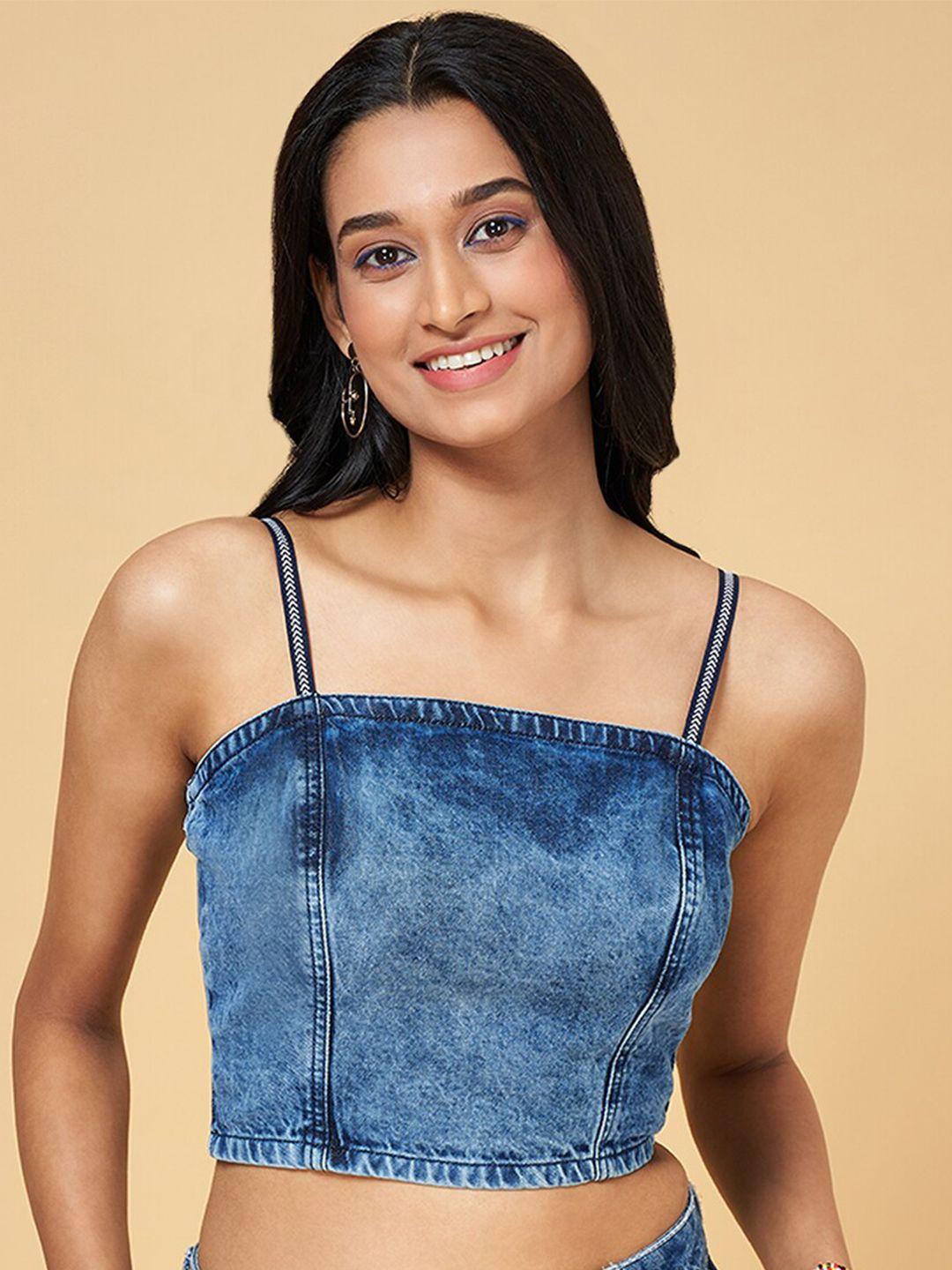people blue shoulder straps cotton fitted crop top