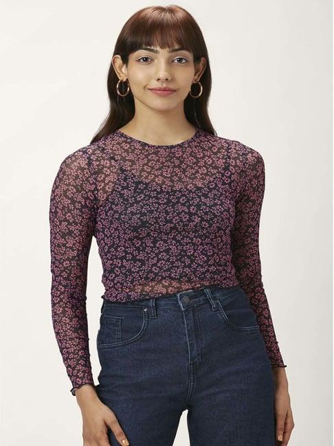 people by pantaloons black & purple cotton floral print top