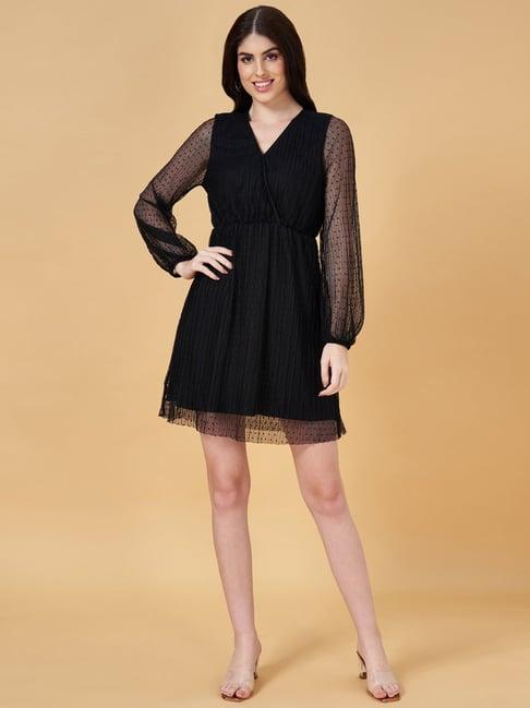 people by pantaloons black self pattern a-line dress