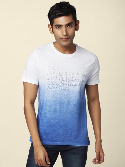 people by pantaloons blue & white cotton slim fit printed t-shirt