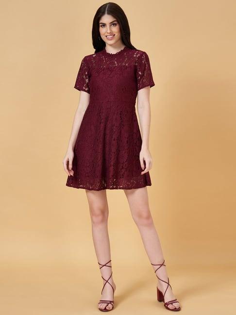 people by pantaloons maroon self pattern a-line dress