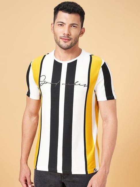 people by pantaloons mustard cotton slim fit striped t-shirt