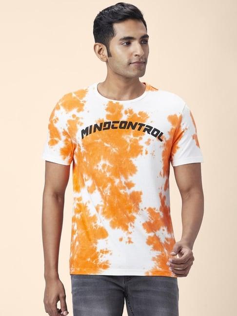 people by pantaloons orange & white cotton slim fit printed t-shirt