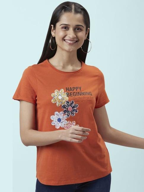 people by pantaloons orange cotton printed t-shirt