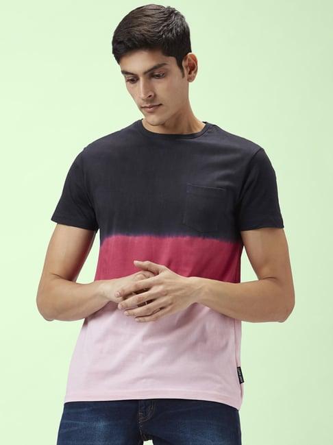 people by pantaloons pink & black cotton regular fit colour block t-shirt