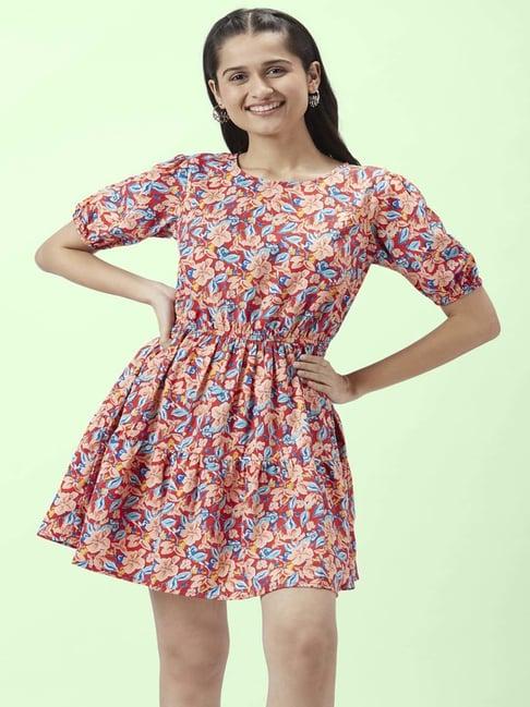 people by pantaloons red & peach floral print a-line dress