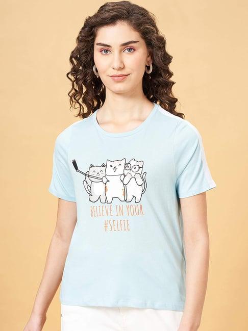 people by pantaloons sky blue cotton printed t-shirt