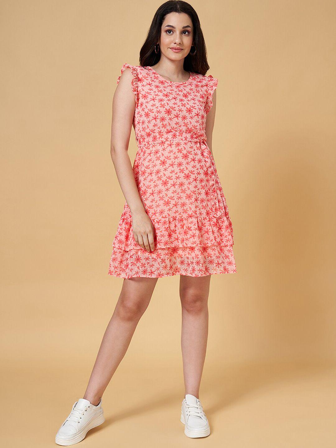 people floral printed round neck ruffled a-line dress