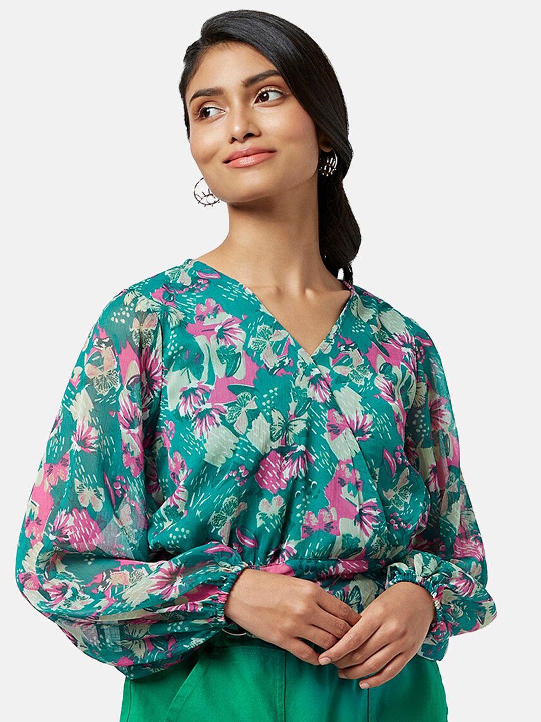 people green floral print wrap top