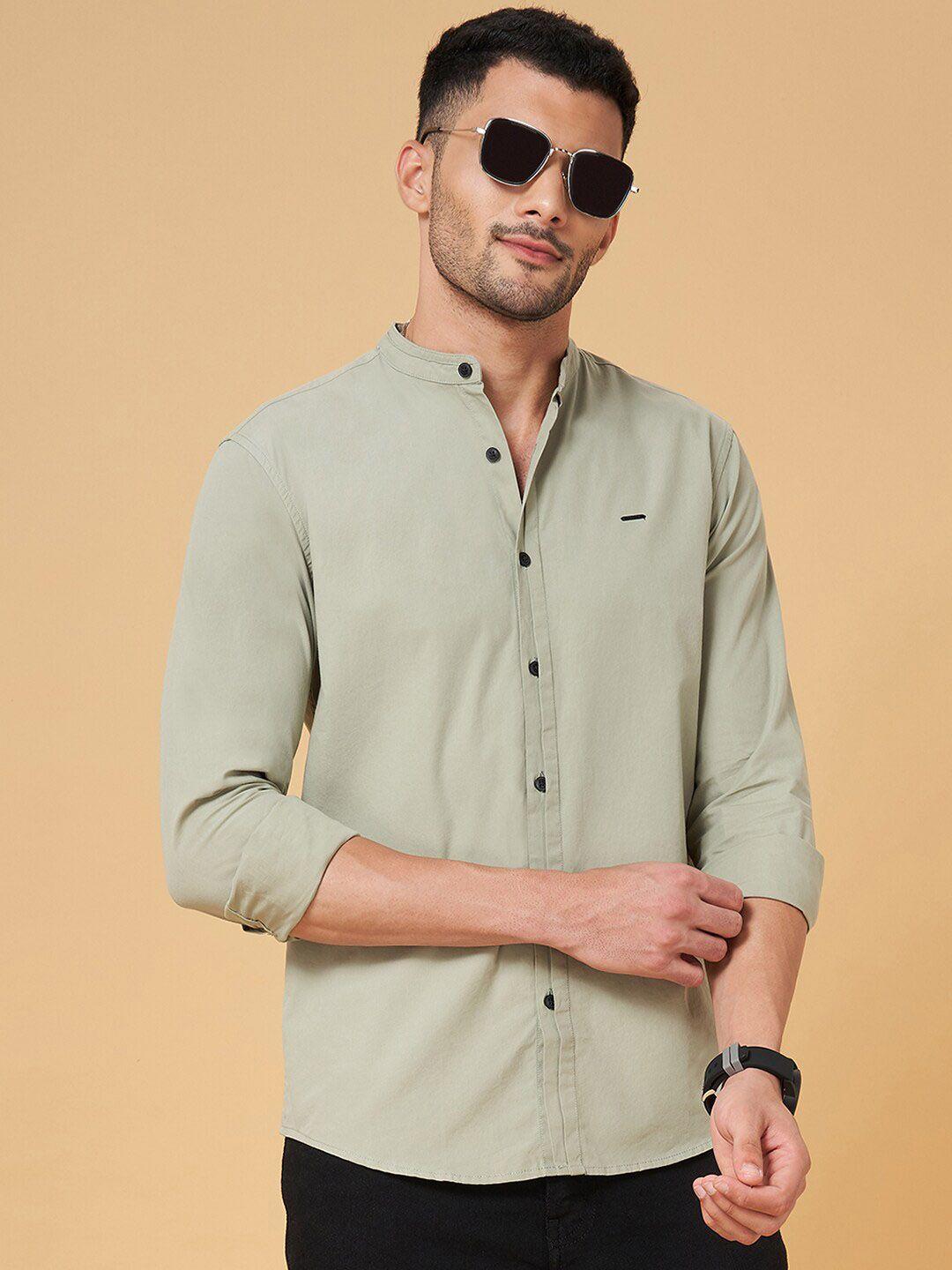 people green slim fit band collar casual cotton shirt