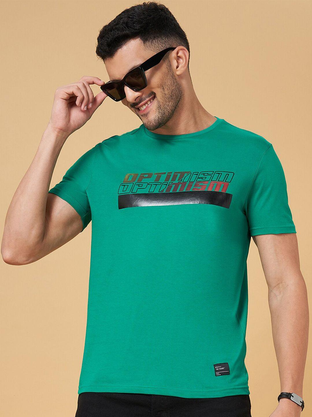 people green typography printed cotton slim fit casual t-shirt