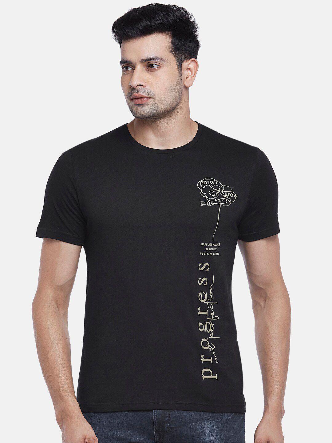 people men black typography printed slim fit cotton t-shirt