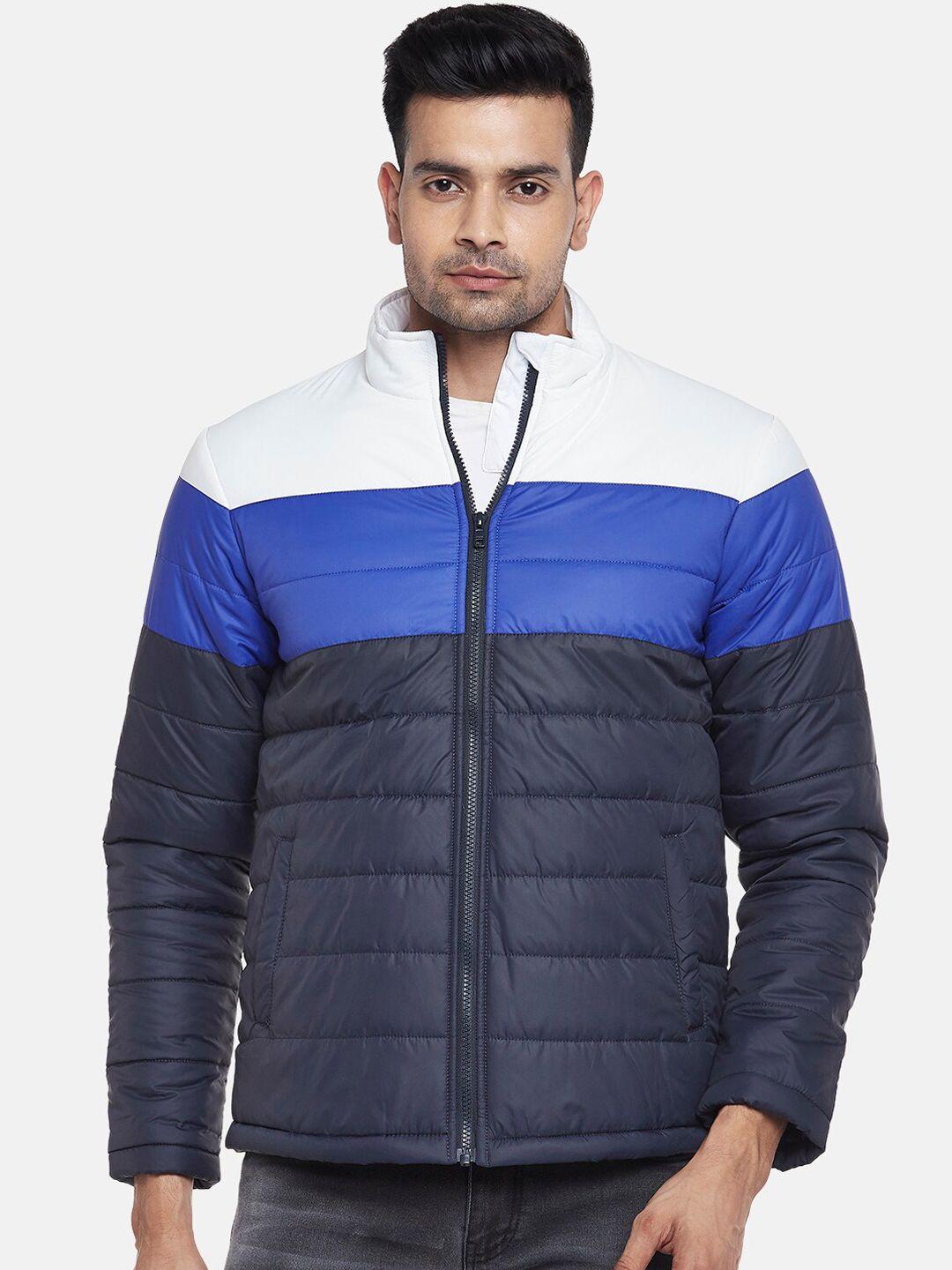 people men blue & white colourblocked puffer jacket