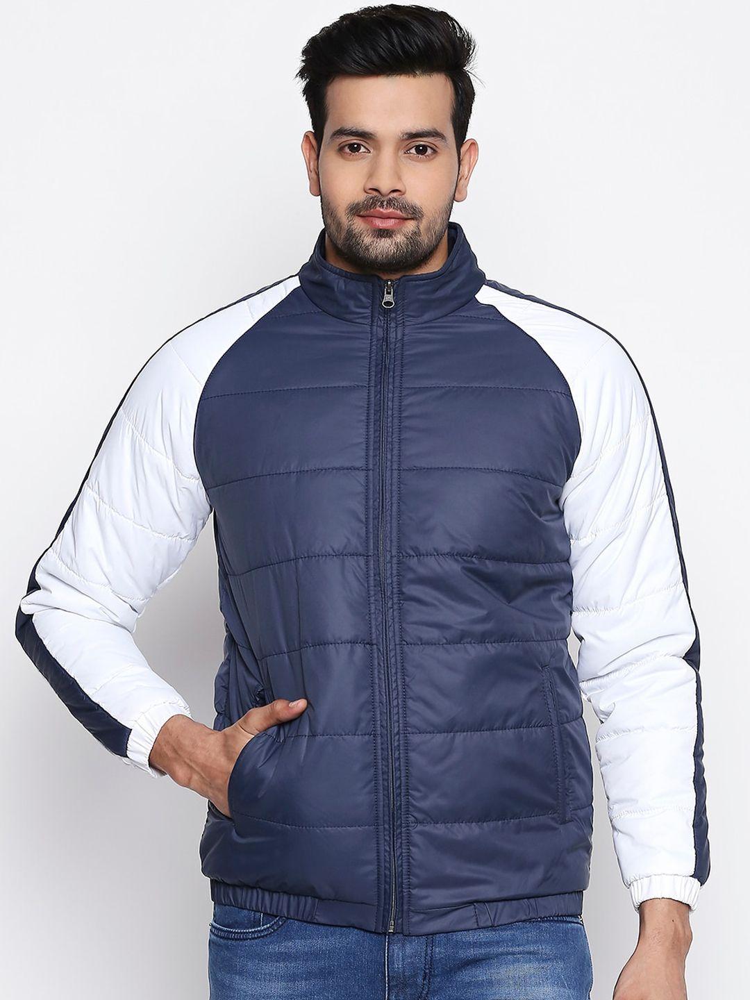 people men blue colourblocked padded jacket