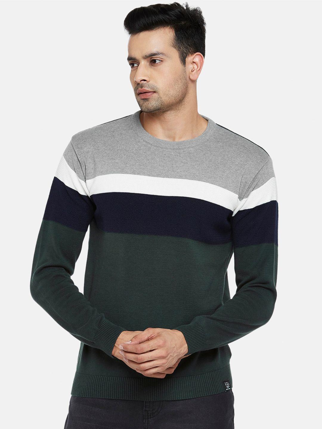 people men green & white colourblocked striped pullover