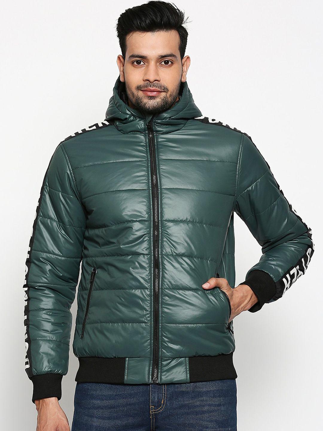 people men green solid puffer jacket