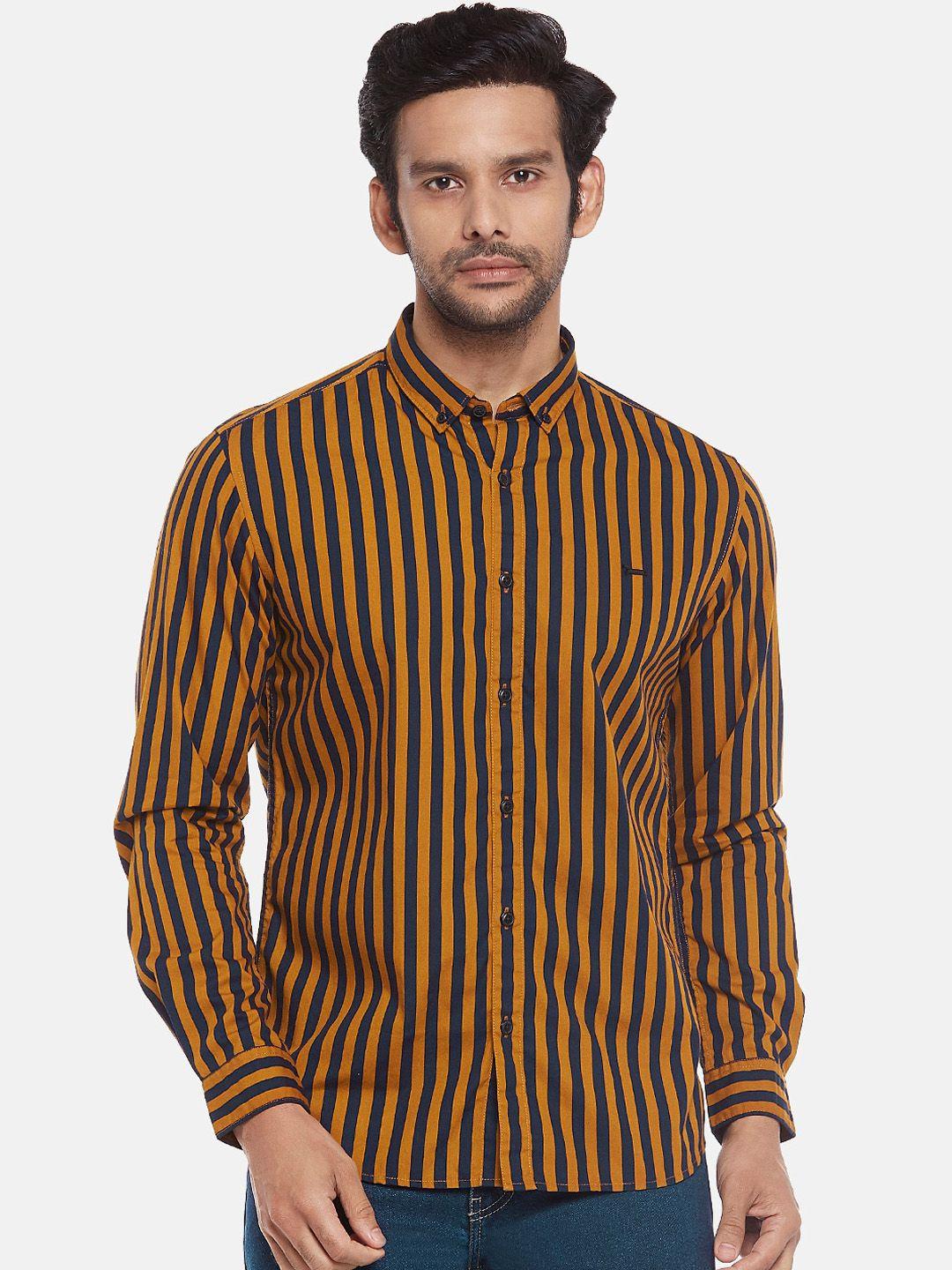 people men mustard & black pure cotton vertical striped casual shirt