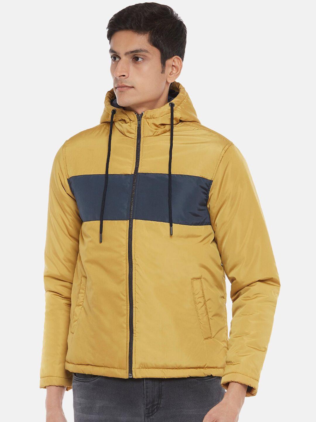 people men mustard yellow & navy blue colourblocked hooded padded jacket