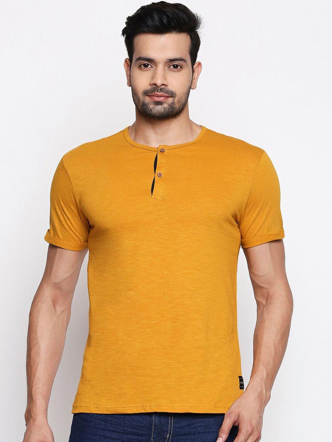 people men mustard yellow solid henley neck t-shirt