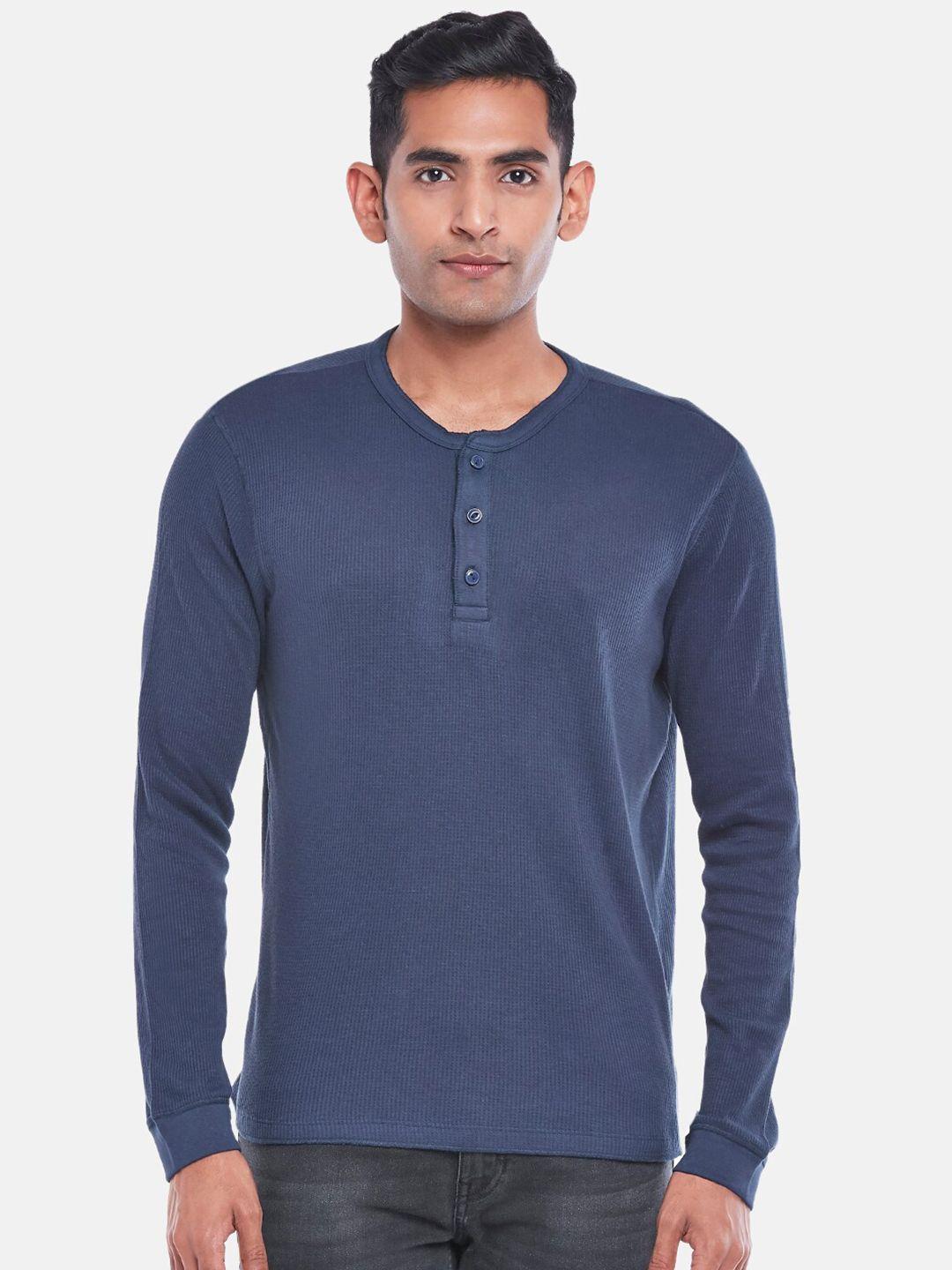 people men navy blue henley neck slim fit t-shirt