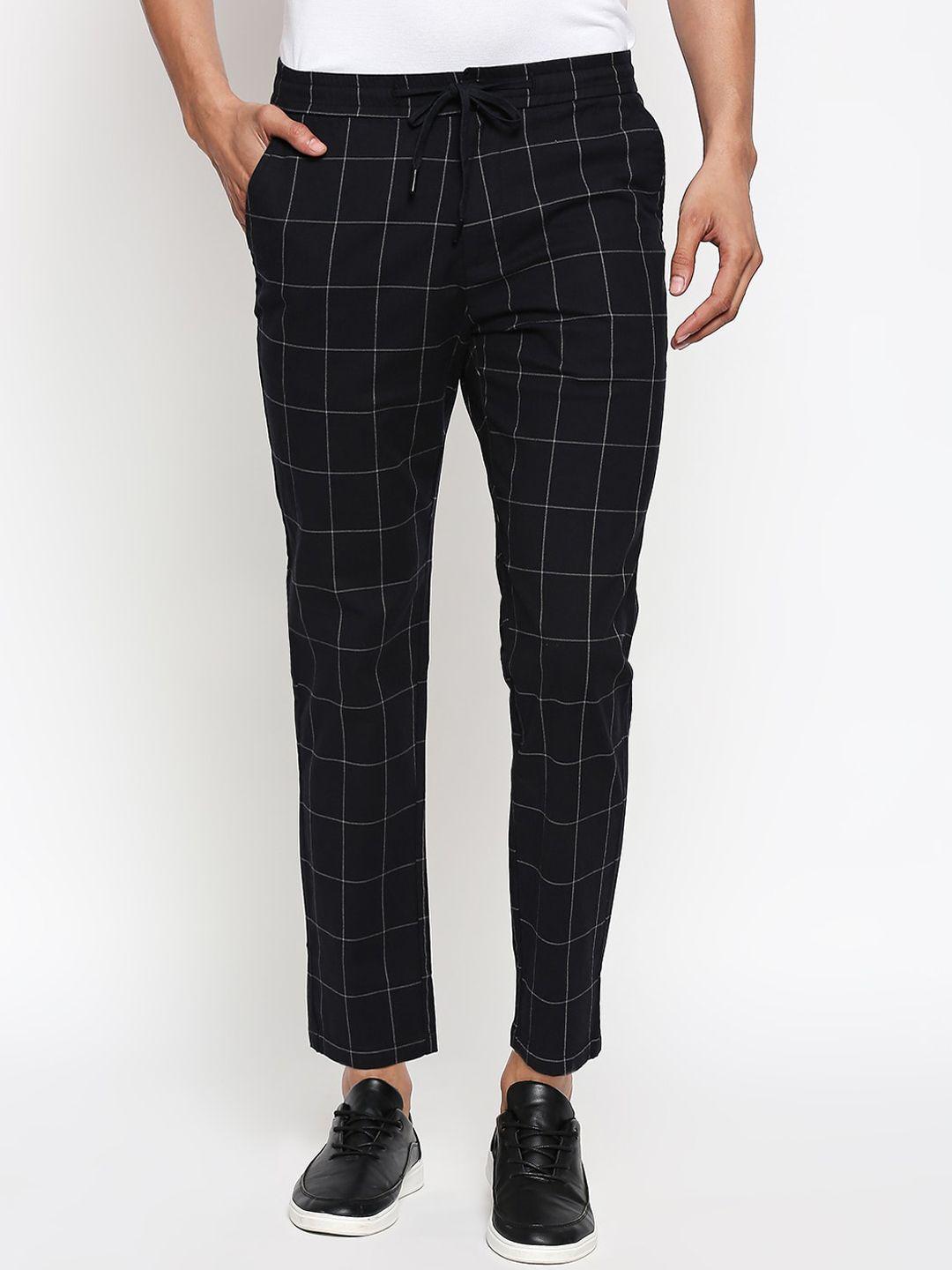 people men navy blue slim fit checked cotton regular trousers