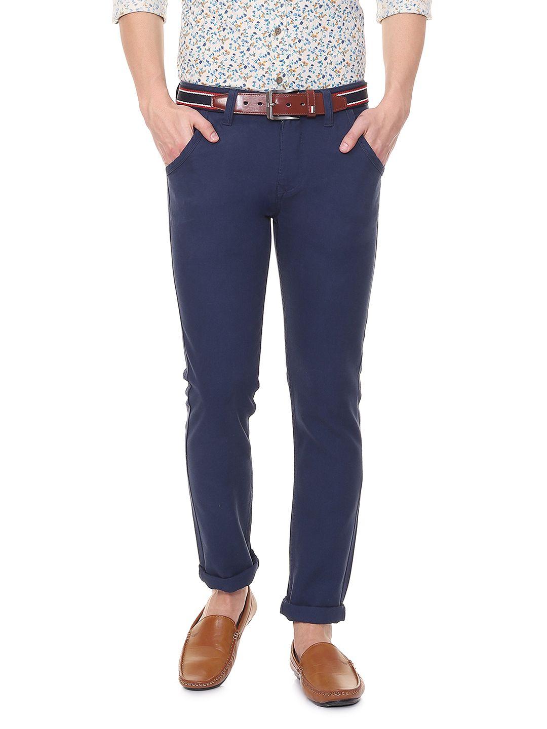 people men navy blue slim fit solid regular trousers