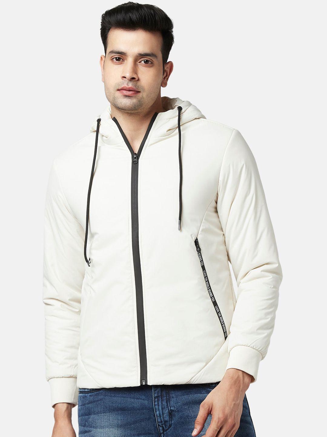 people men off white solid hooded bomber jacket
