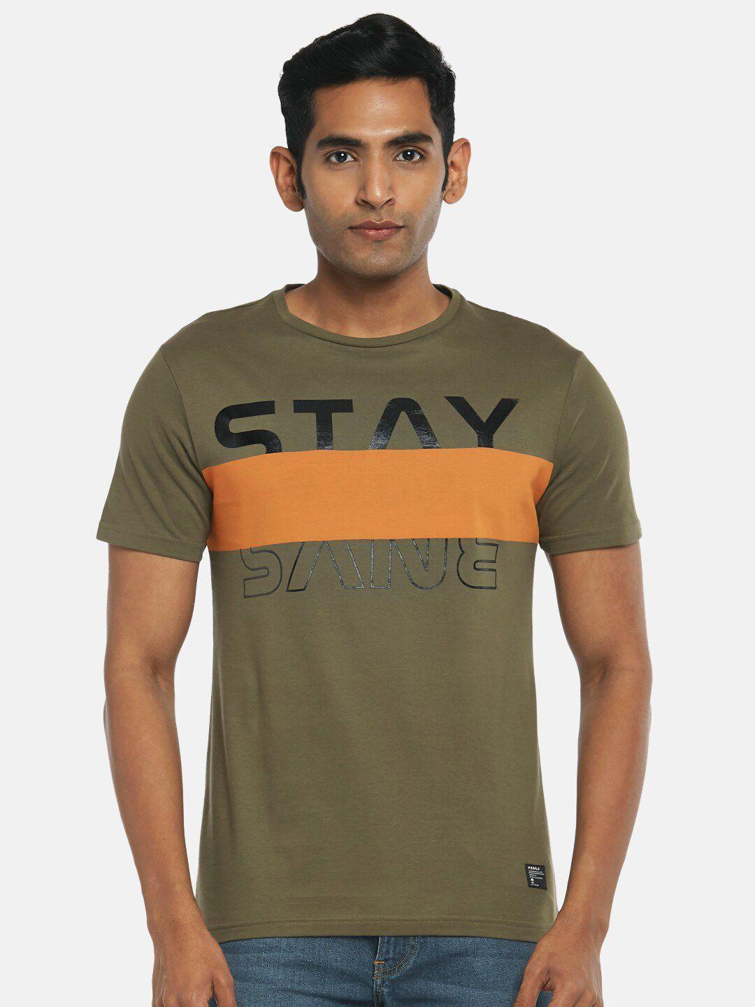 people men olive green typography colourblocked slim fit t-shirt