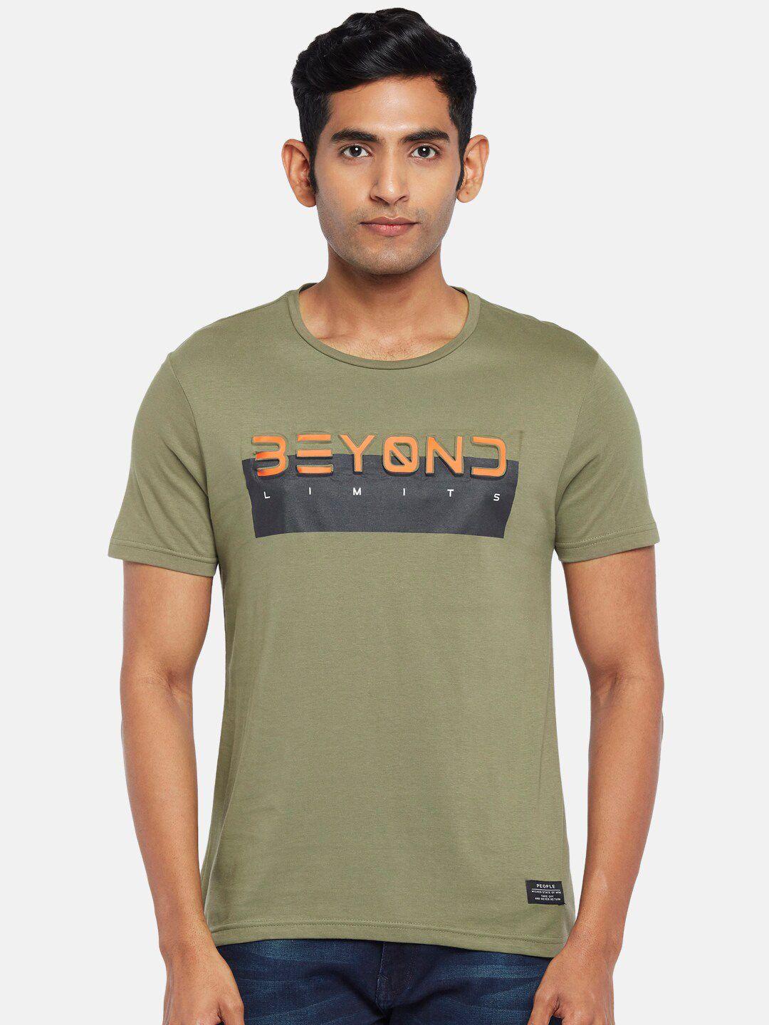 people men olive green typography printed slim fit cotton t-shirt