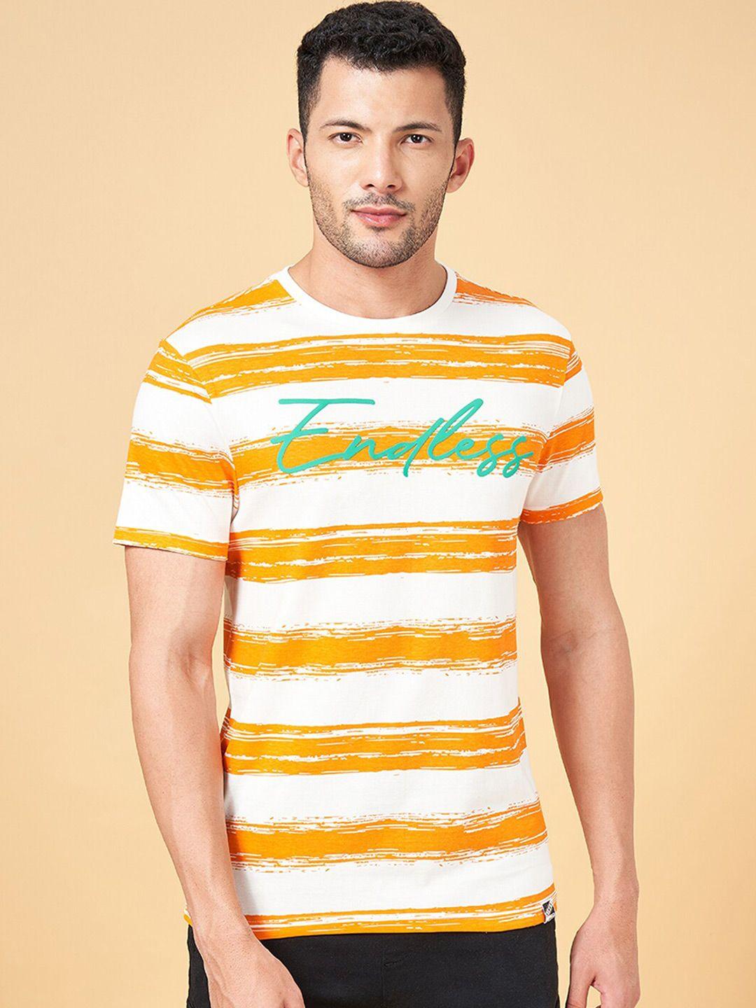 people men orange striped pockets slim fit t-shirt