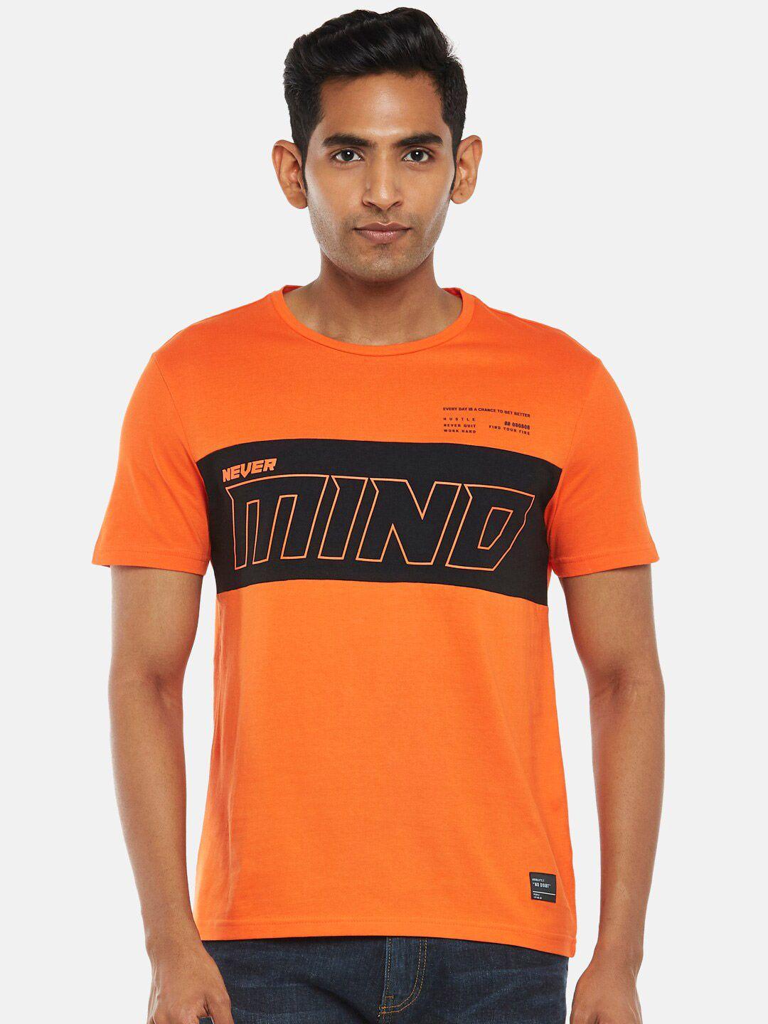 people men orange typography printed slim fit t-shirt