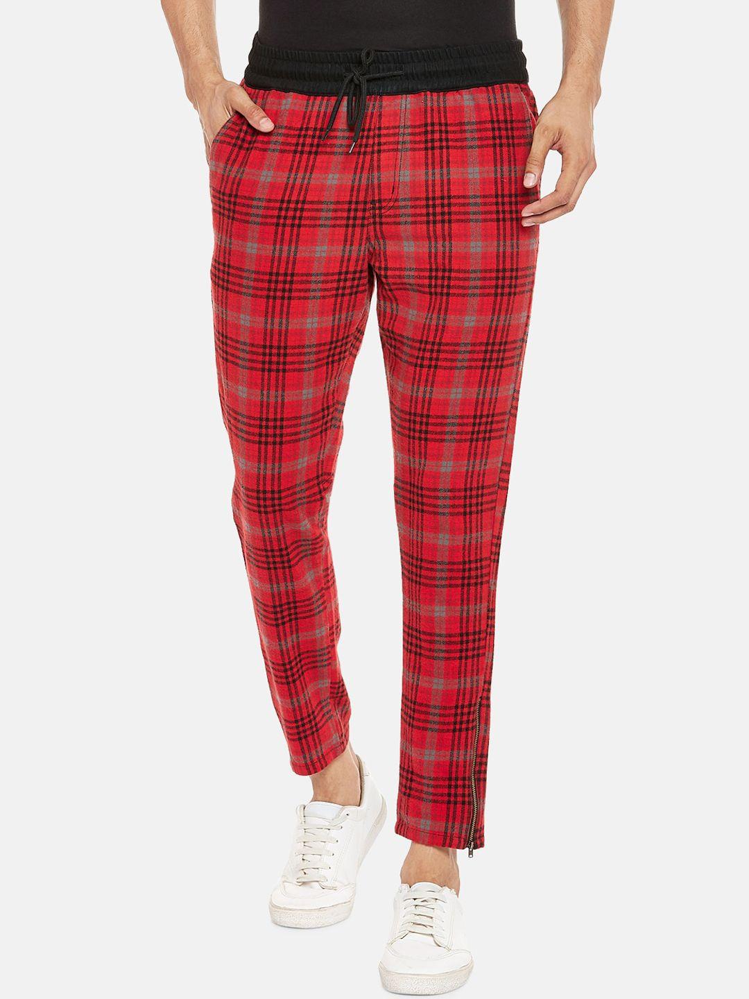 people men red checked slim fit regular trousers regular trousers