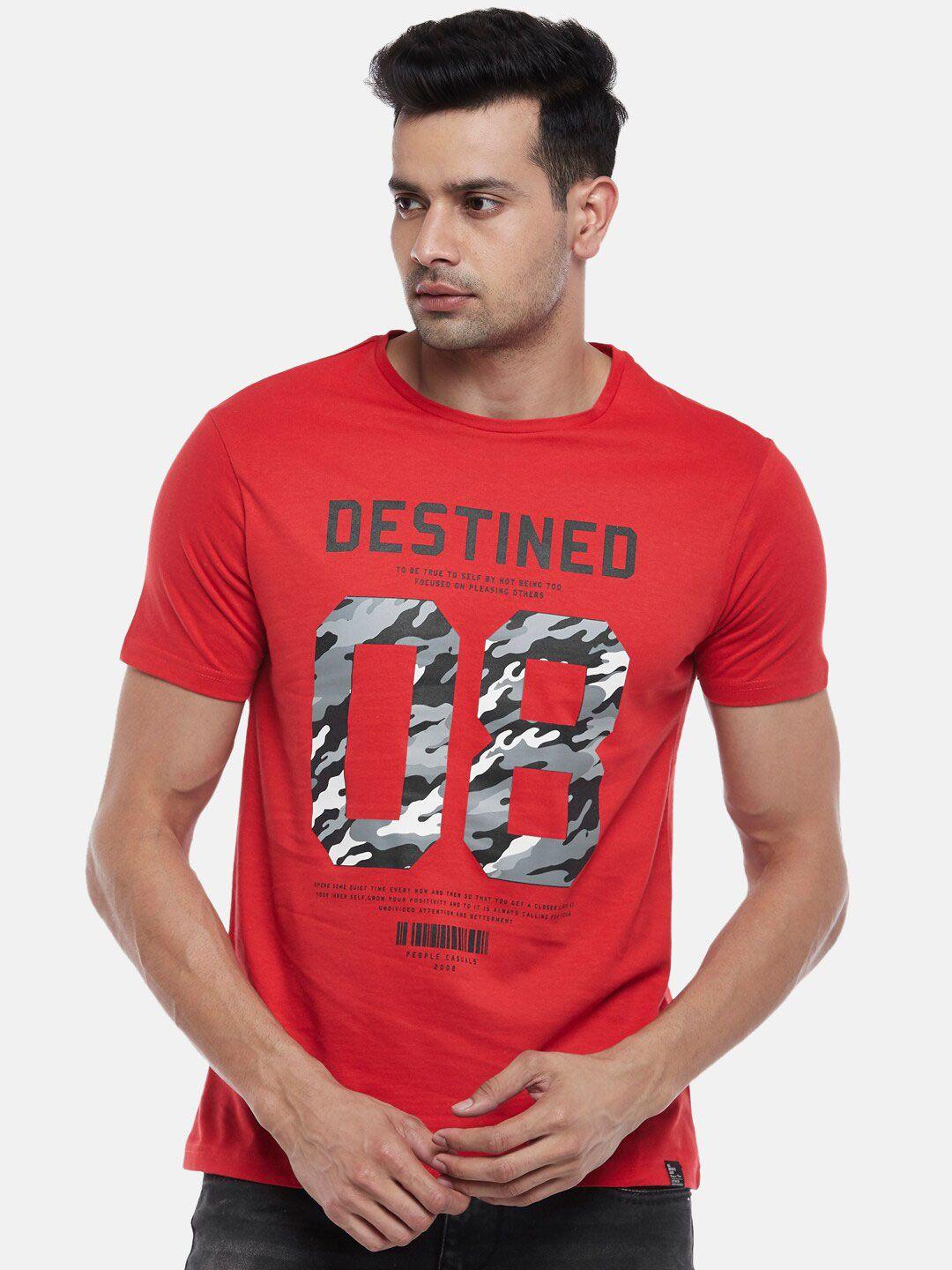 people men red printed raw edge t-shirt