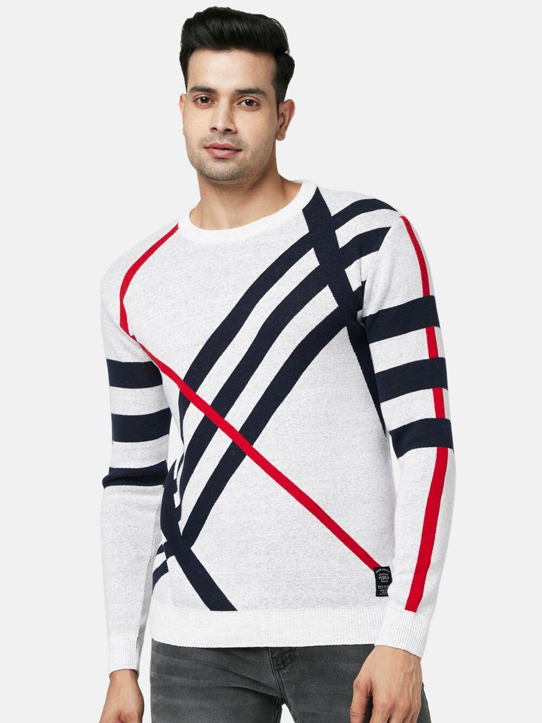 people men white & black striped printed cotton pullover