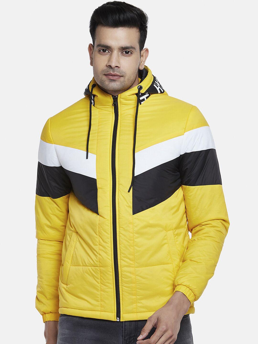people men yellow black colourblocked puffer jacket