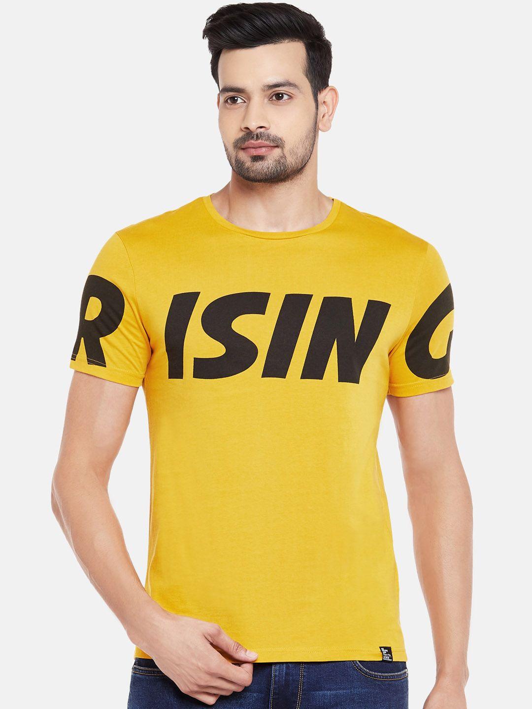 people men yellow printed round neck t-shirt