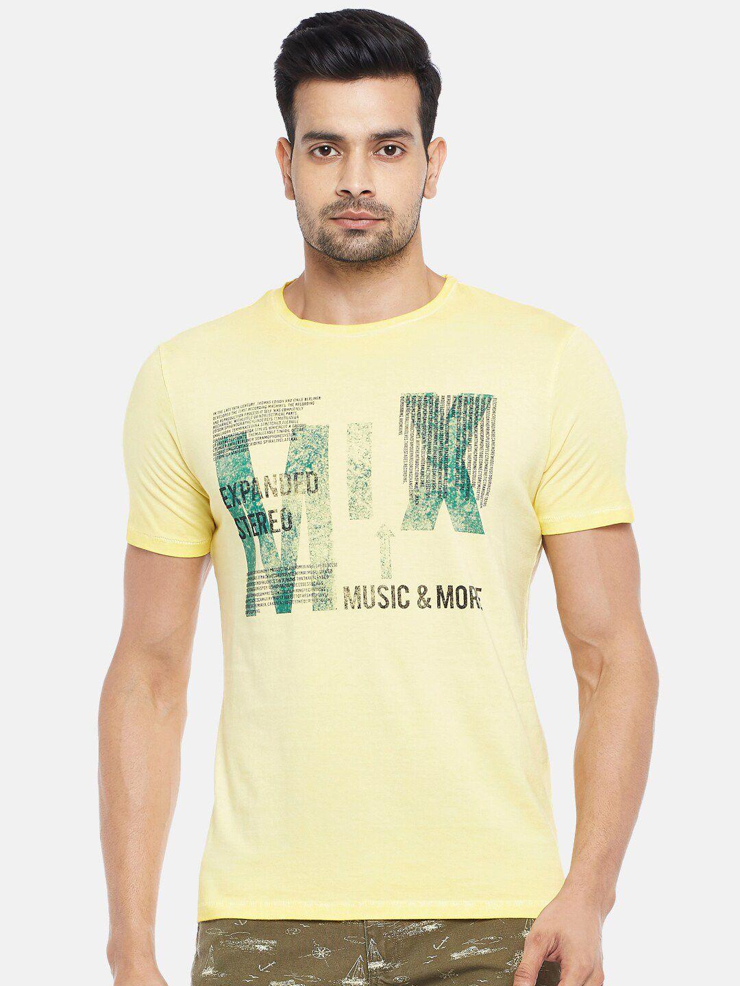 people men yellow pure cotton printed pure cotton t-shirt