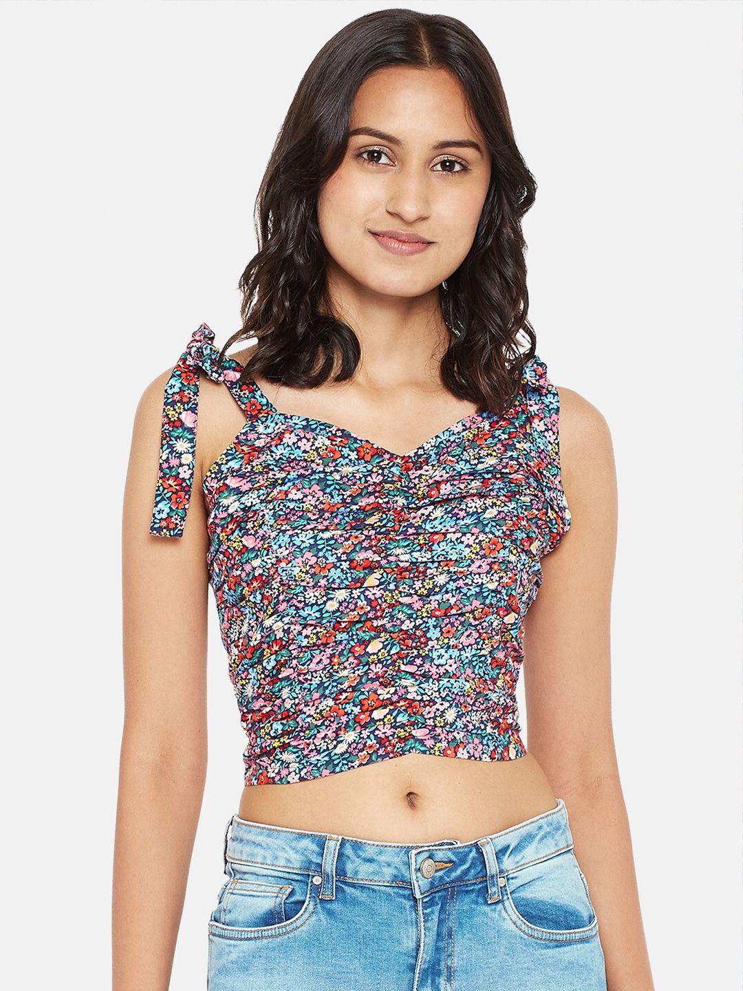 people navy blue & pink floral fitted crop top