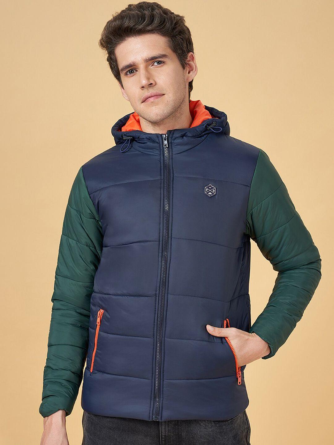 people navy blue colourblocked long sleeves hooded puffer jacket