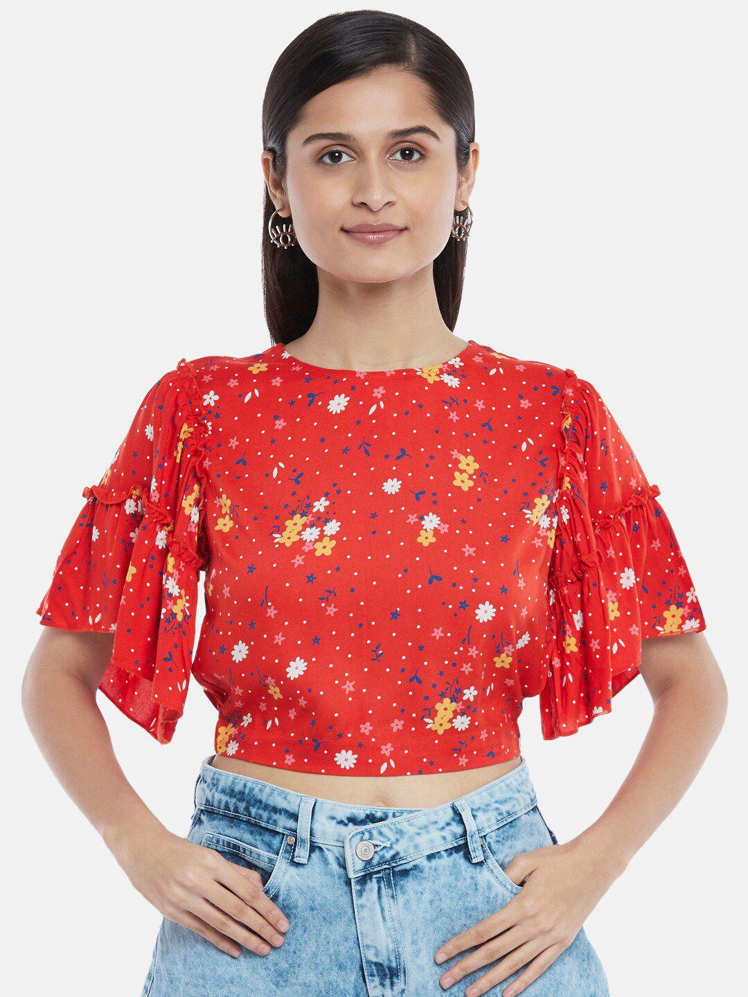 people orange floral print liva bell sleeves crop top