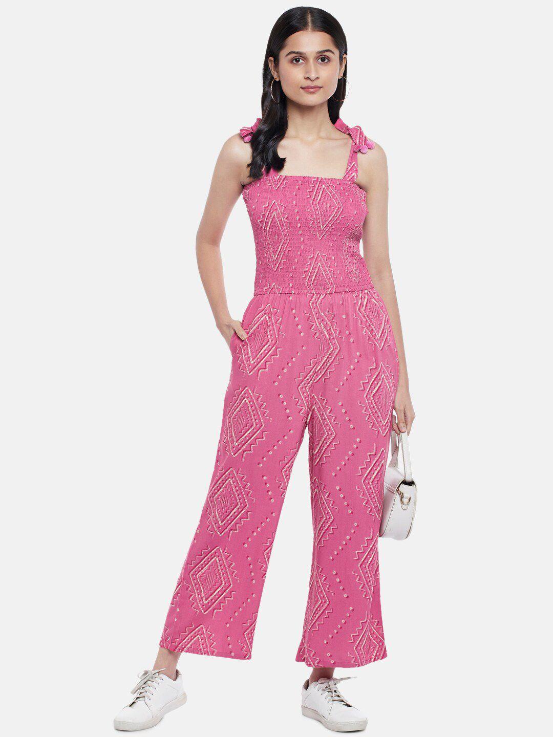 people pink & off white printed smocked basic jumpsuit