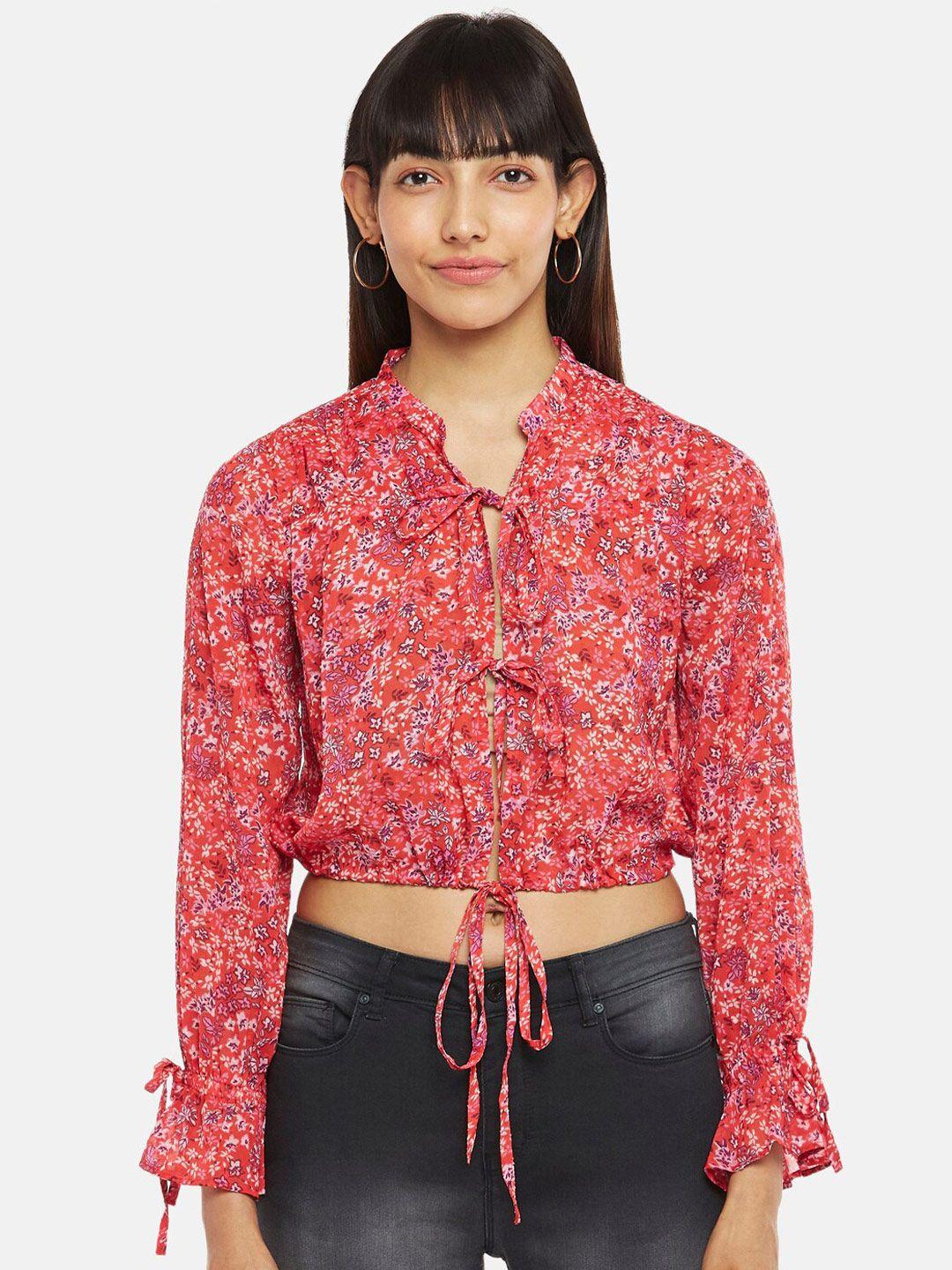 people pink floral print tie-up neck crop top