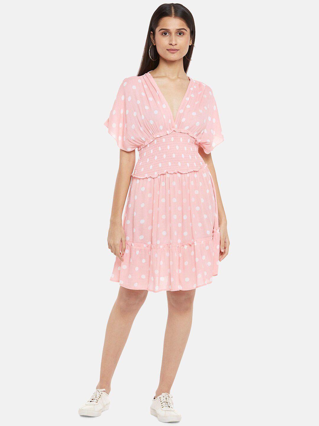 people pink polka dot printed smocked dress